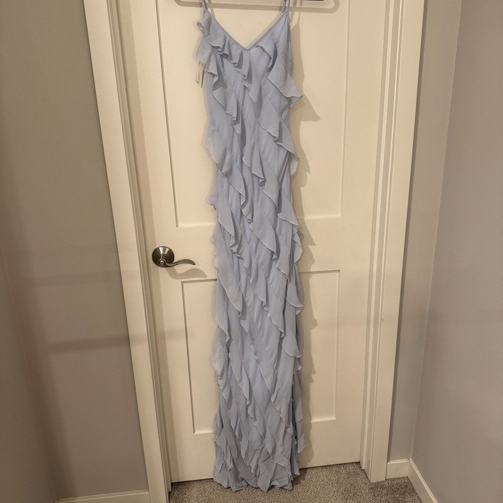 Altar'd State Light Blue Ruffle Maxi Dress V-Neck Sleeveless Formal Gown Small
